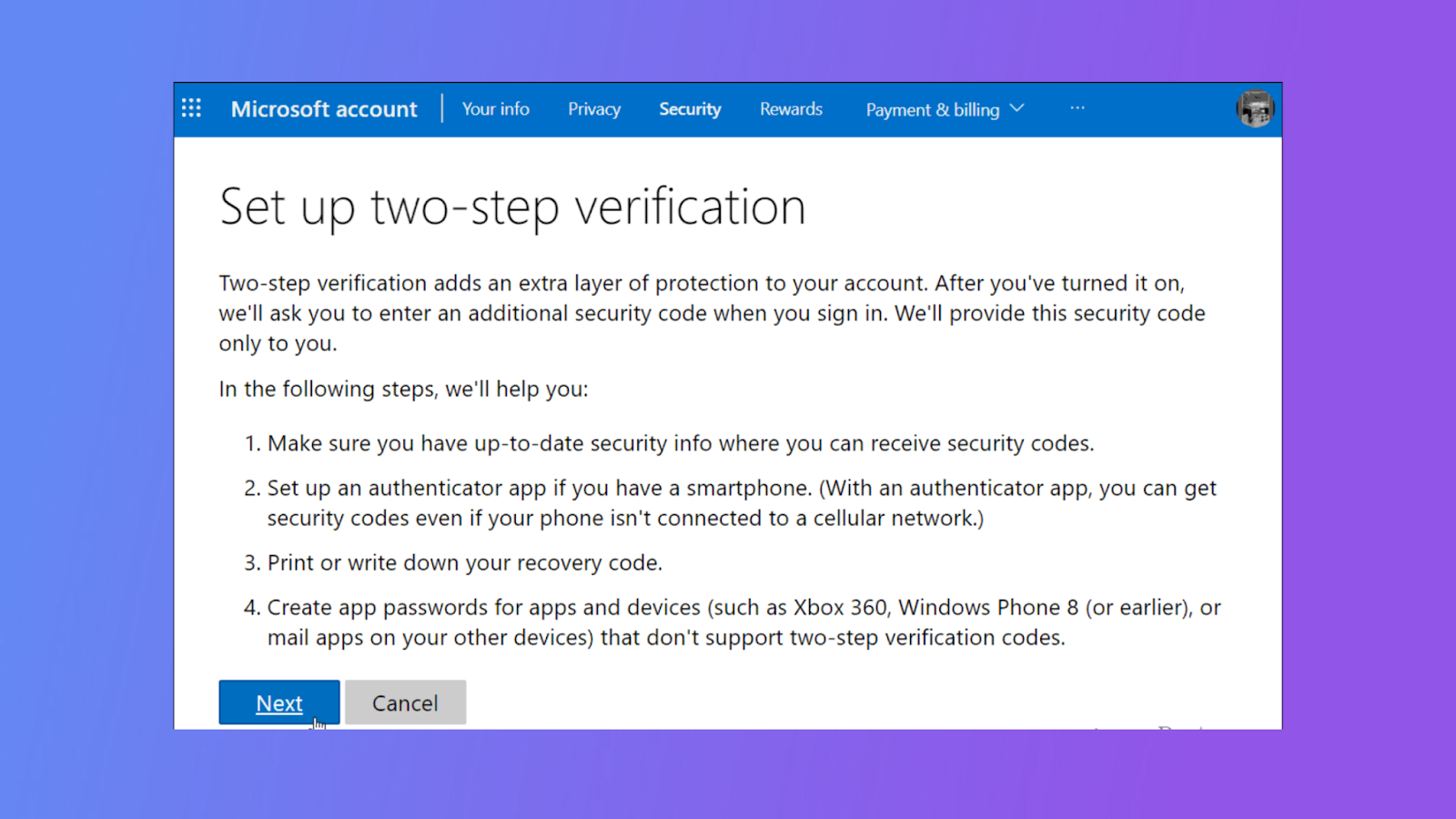 Enabling Two-Factor Authentication for Microsoft Account