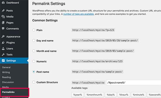 Página de configurações de links permanentes