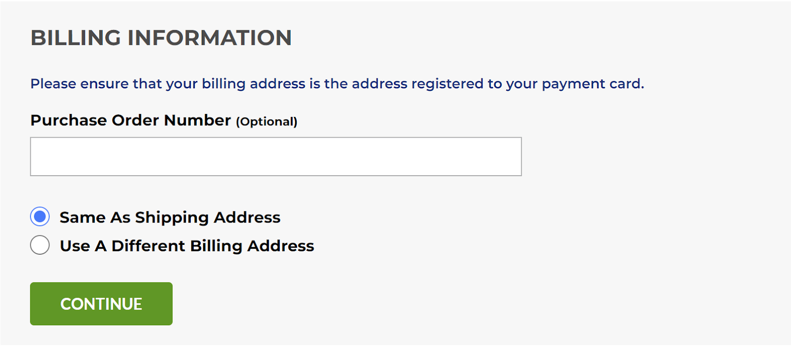 SkyGeek.com Checkout Field for "Purchase Order Number" entry