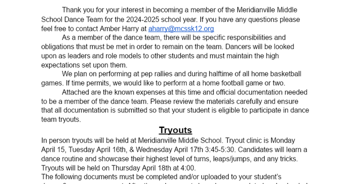 2021-2022 MVMS Dance Team Tryout Information