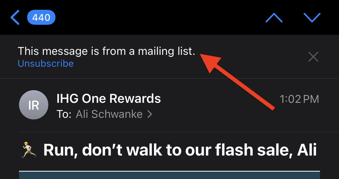 Arrow pointing to a message at the top of an email that says "This message is from a mailing list."