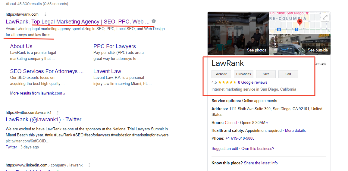 screenshot of search engine results page for law rank