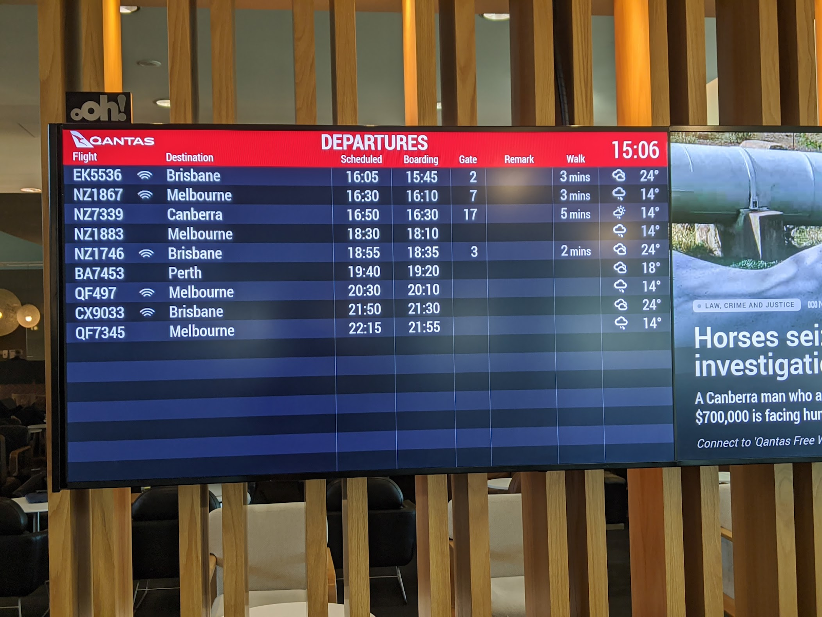 Qantas Gold Sydney Domestic Airport Lounge Departures Board