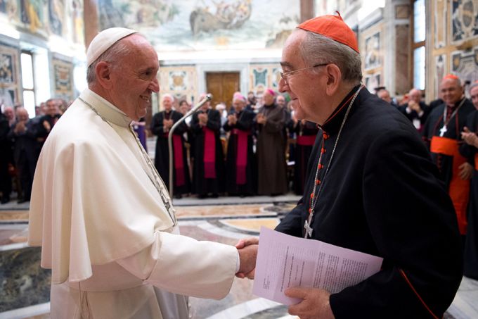 Pope Francis greets Cardinal Stanislaw Rylko, president of the Pontifical Council for the Laity, at the Vatican's Clementine Hall, June 17, 2016. Credit: L'Osservatore Romano.
