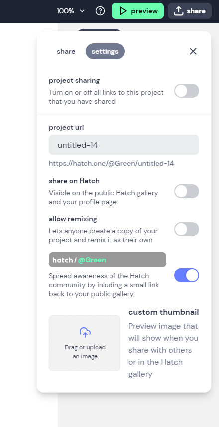 Hatch settings menu