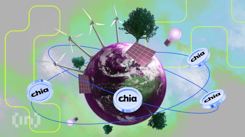 Man sieht einen Planeten um den Chia Token kreisen. Auf dem Planeten sind überdimensionale Windturbinen, Bäume und Glühlampen - Ein Bild von BeInCrypto.com.