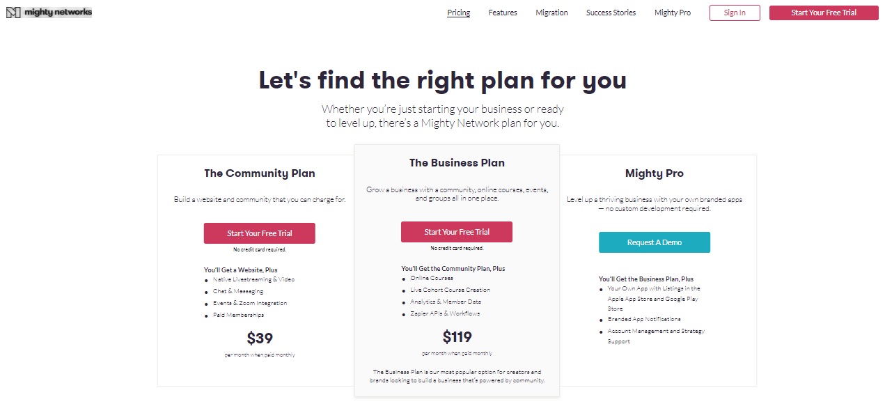 Mighty Networks pricing plans