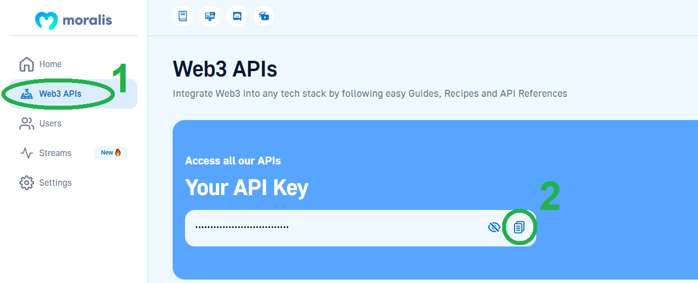 Step 1, click on Web3 APIs. Step 2, click on the copy icon next to your API key.