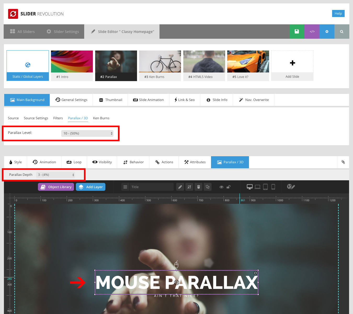 Configurações de paralaxe de revolução deslizante