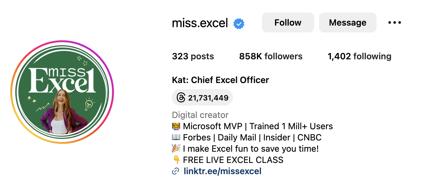 Screenshot of the Miss Excel Instagram account. She has nearly 900,000 followers.