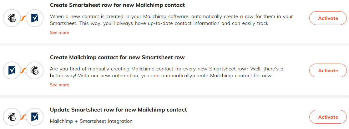 Popular automations for Mailchimp & Smartsheet integration.