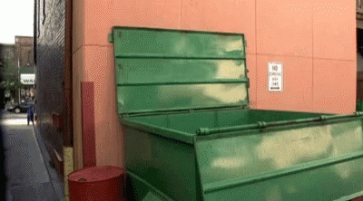 man jumping into dumpster