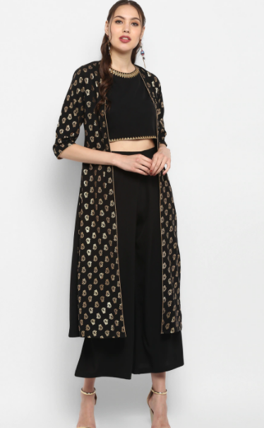  Black & Gold coloured Printed Top with Palazzos and Ethnic Jacket