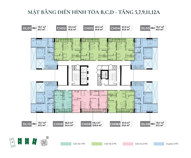 Mặt bằng thiết kế tầng 5, 7, 9, 11, 12A tại chung cư Sunshine Green Iconic