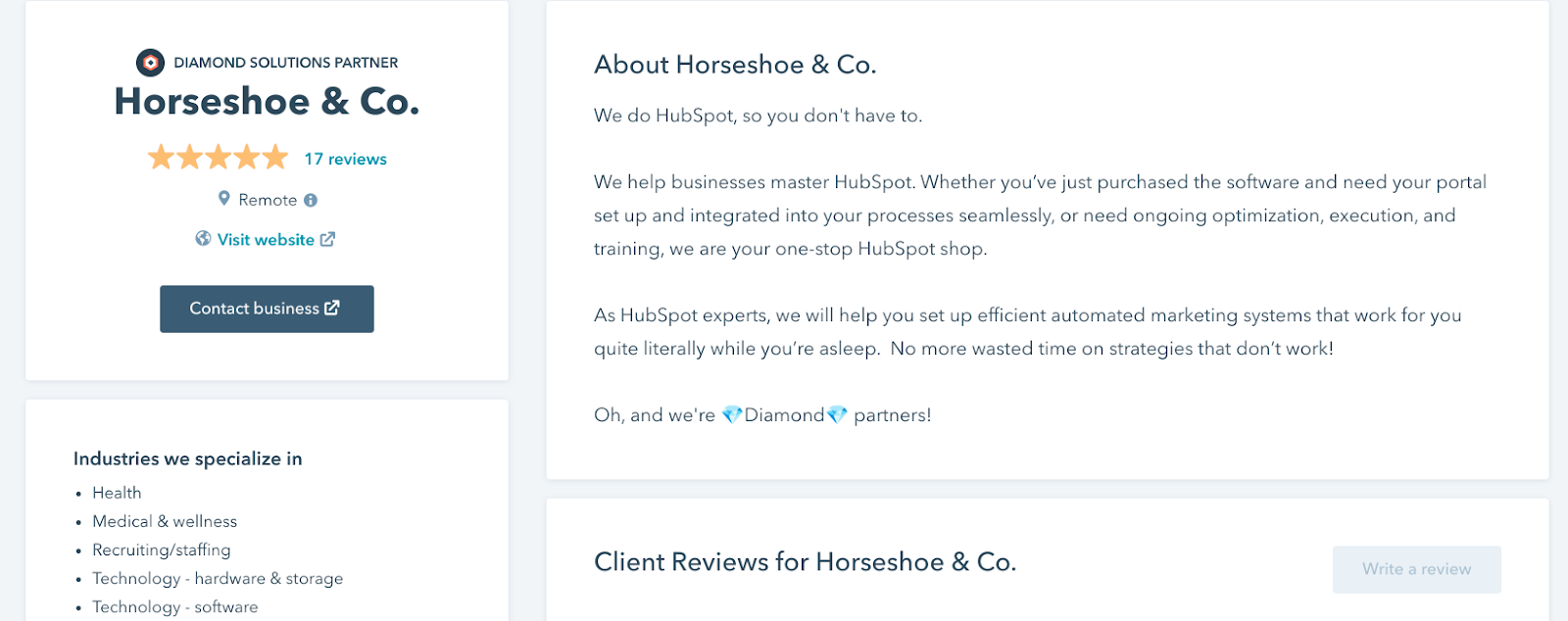Horseshoe & Co's HubSpot listing