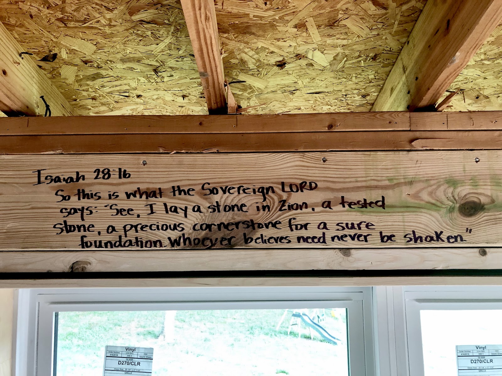 scripture written on studs of new build home isaiah 28:16 safe in tn tornadoes