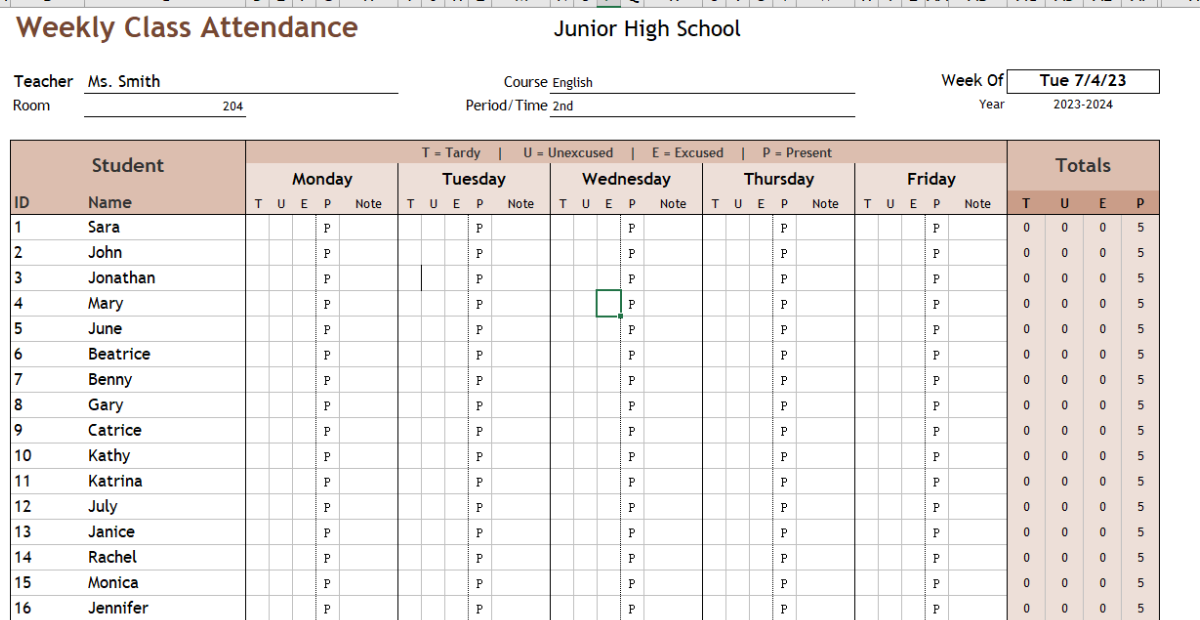 Weekly Attendance spreadsheet | plan the sheet with headers and fill it out accordingly