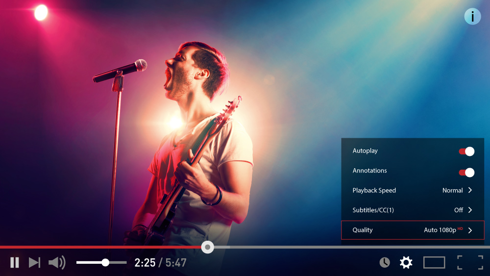 Video stream of a musician performing while the video player provides options for selecting quality/resolution, subtitles, playback speed, etc. 