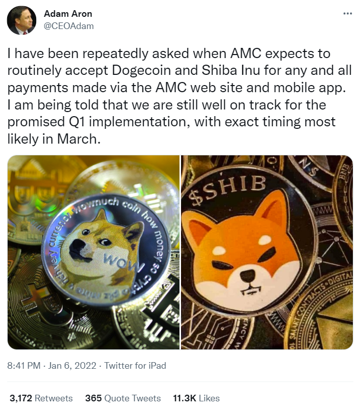 Tweet from Adam Aaron, CEO of AMC Theatres. Tweet describes that Dogecoin and Shiba Inu integration should be complete by March.
