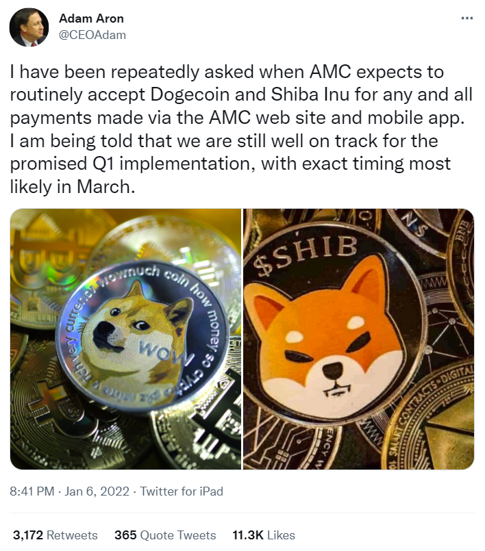 Tweet from Adam Aaron, CEO of AMC Theatres. Tweet describes that Dogecoin and Shiba Inu integration should be complete by March.