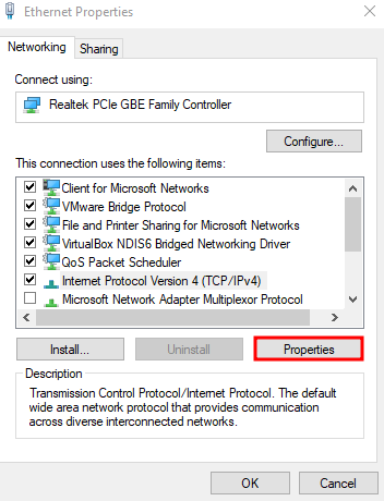 Menu de propriedades da rede de internet no sistema operacional Windows com destaque para o botão "properties"