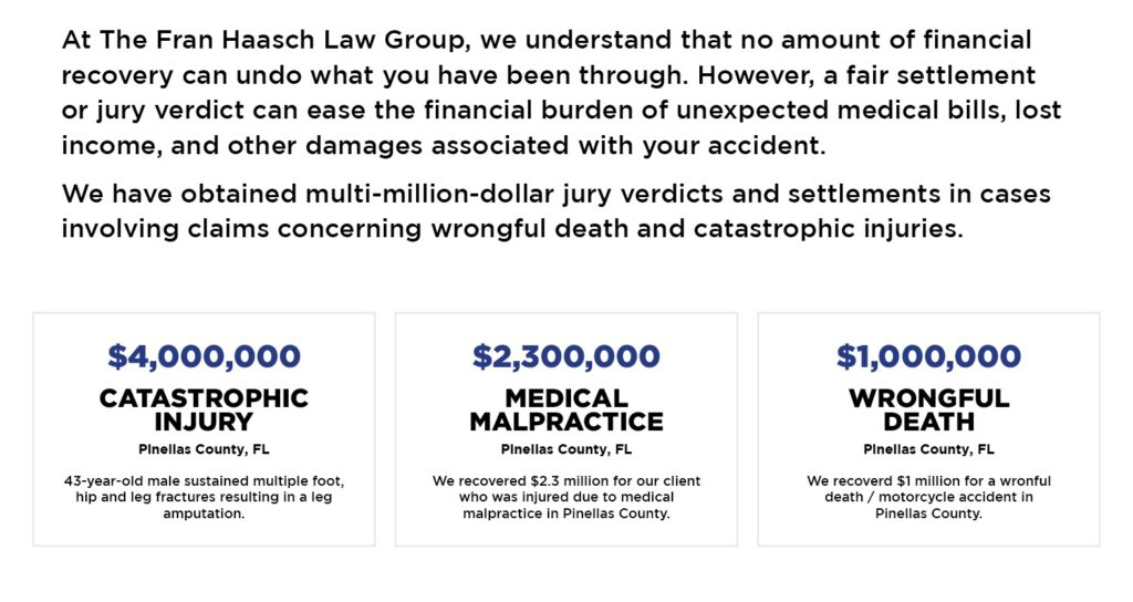 Case results from different personal injury case types recovered by The Frab Haasch Law Group in Florida.