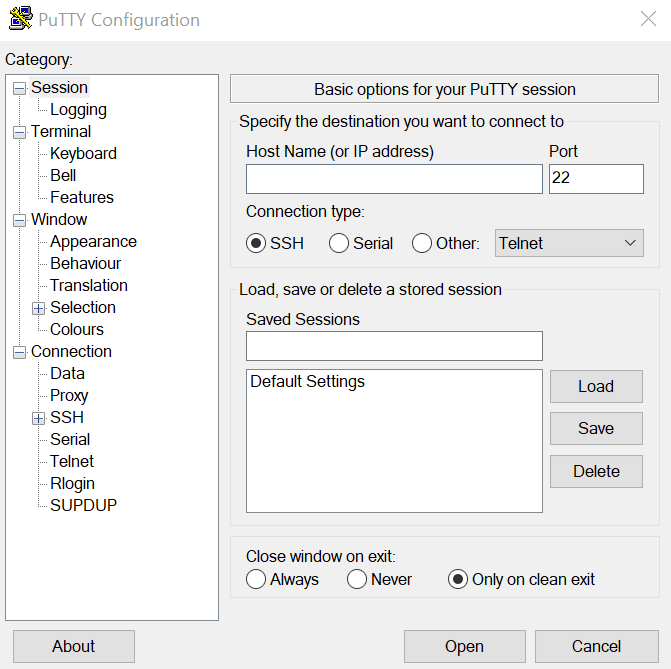 Definindo as configurações de acesso SSH via PuTTY