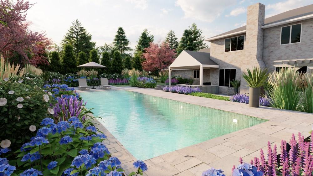 Swimming pool with beautiful flower garden