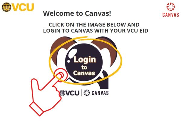 Click on the Login to Canvas symbol to access VCU portal