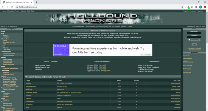 Screenshot from the Hellbound Hackers online community
