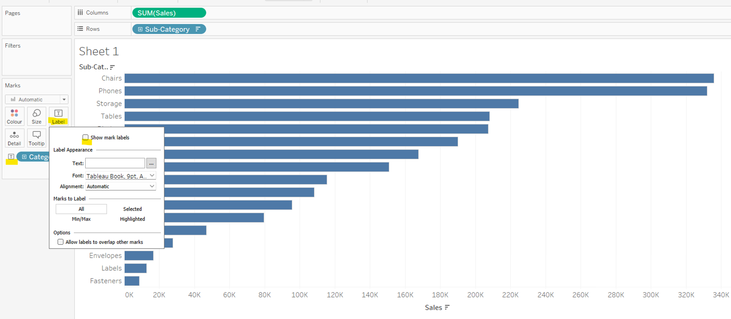 how to position labels on a bar chart in Tableau