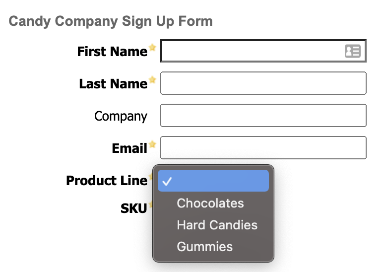 An image of a product line drop down field with a check mark selected.