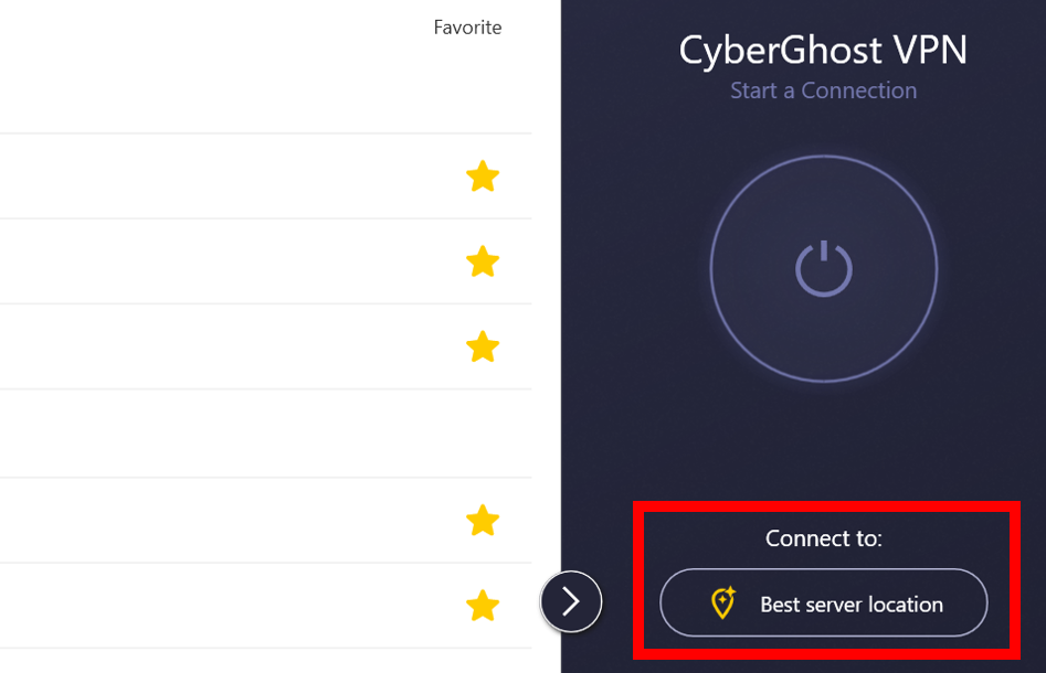 Screenshot of CyberGhost VPN dashboard