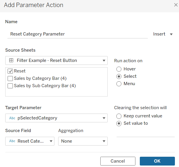 add a dashboard parameter action to reset the value of the pSelectedCategory parameter to blank/empty string