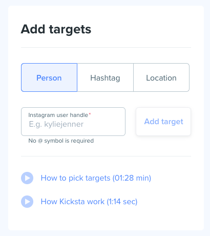 how to add targets in Kicksta dashboard 