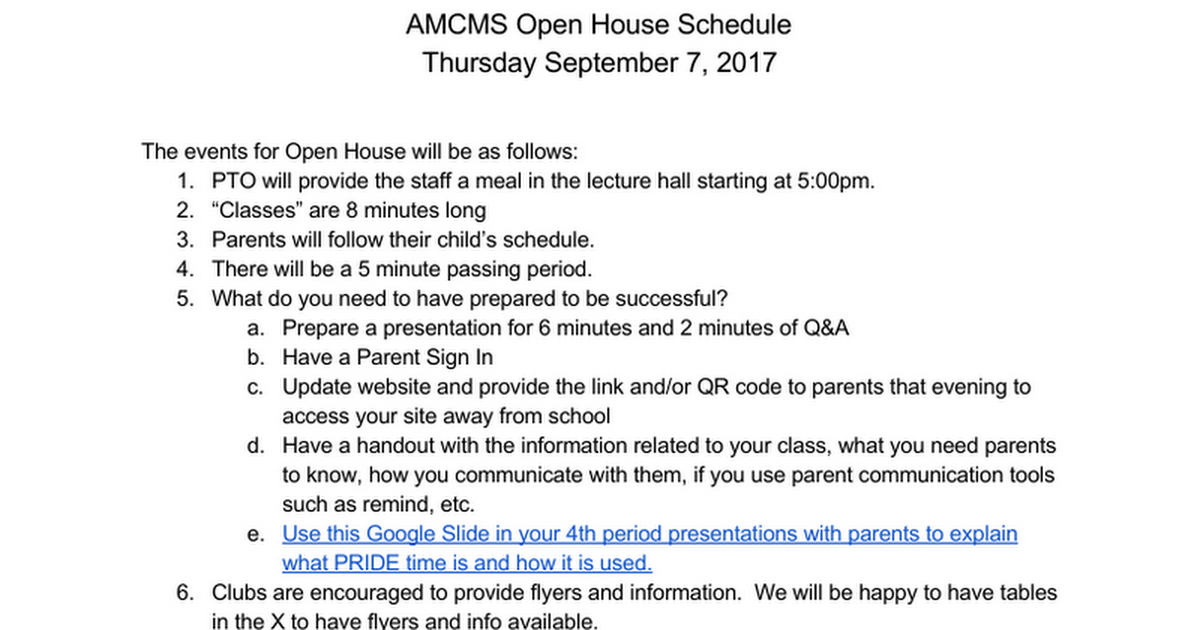 AMCMS Open House Schedule 