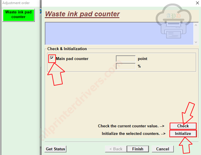 Main Pad Counter” and first check button click then initialize Epson L3210 step 08