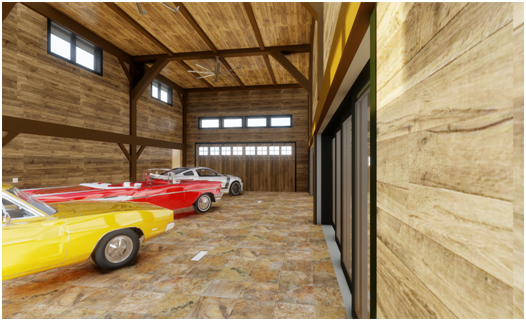 a garage with classic cars inside