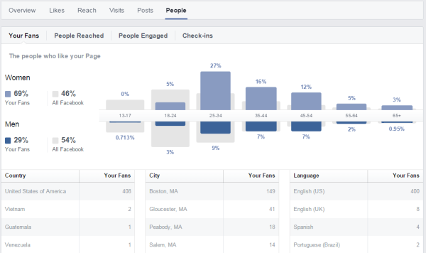 Facebook's analytics report provides target market demographics' age, gender and location