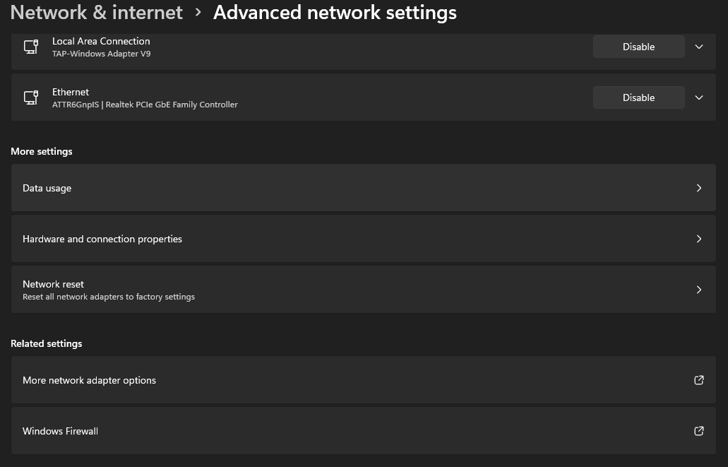 Network & Internet - Advanced network settings