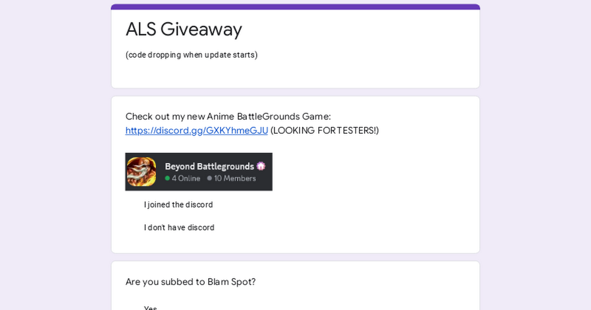 Ready go to ... https://forms.gle/YVbeXnwXvwdAMGFaA [ ALS Giveaway]