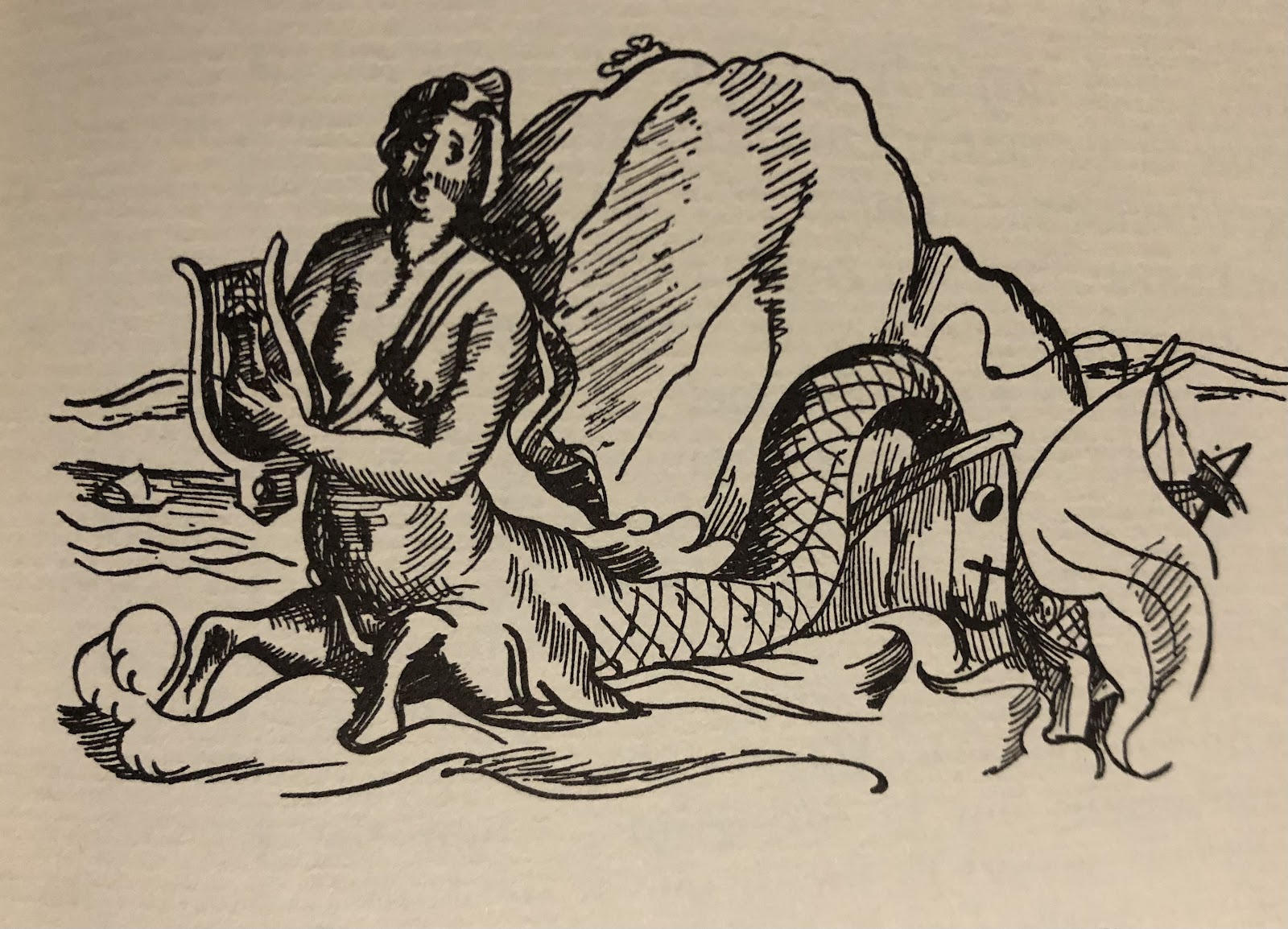 Ink drawing of a merman destroying a ship