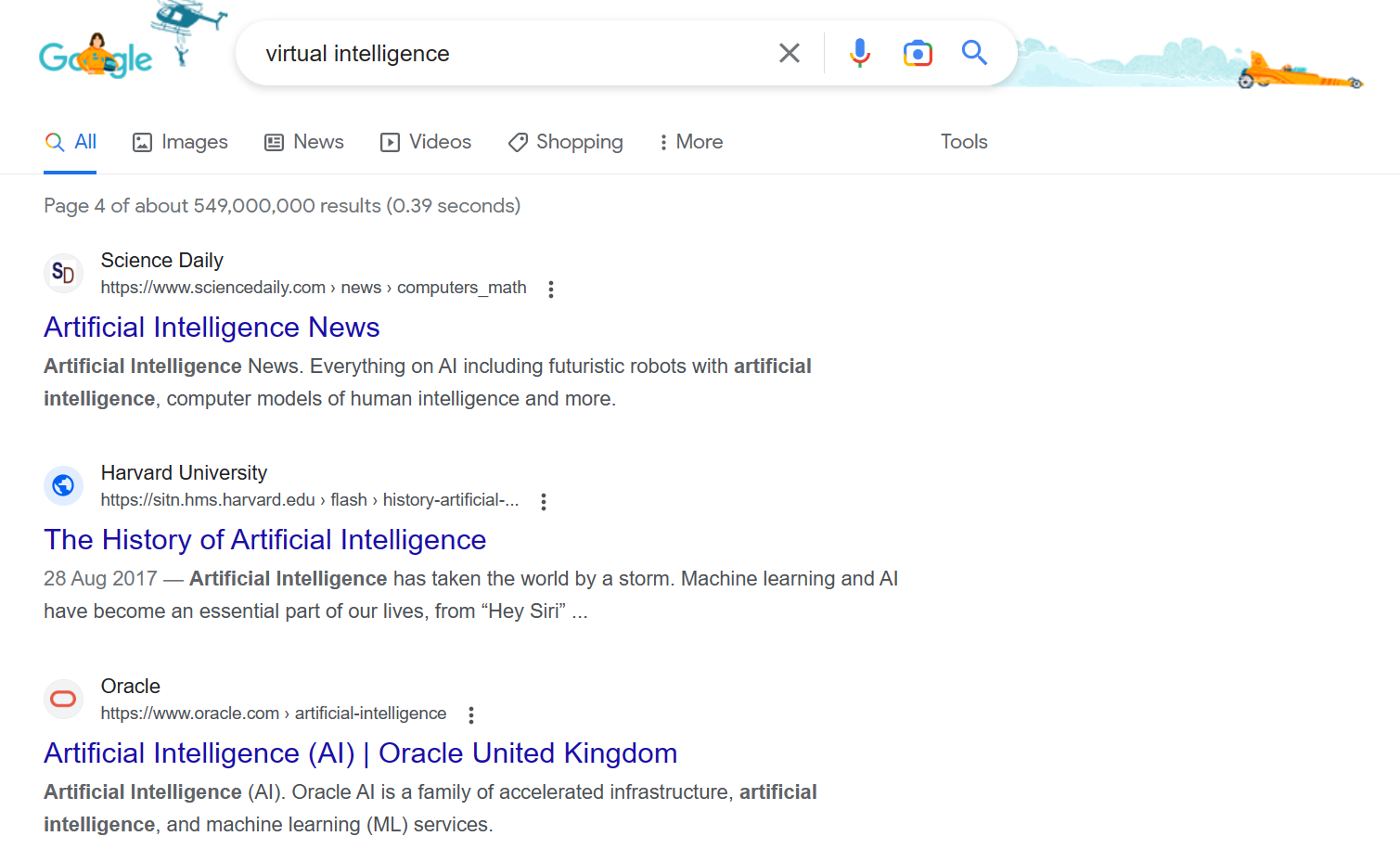 A Google search for the term 'Virtual Intelligence' that generates 549,000,000 results mostly about AI.