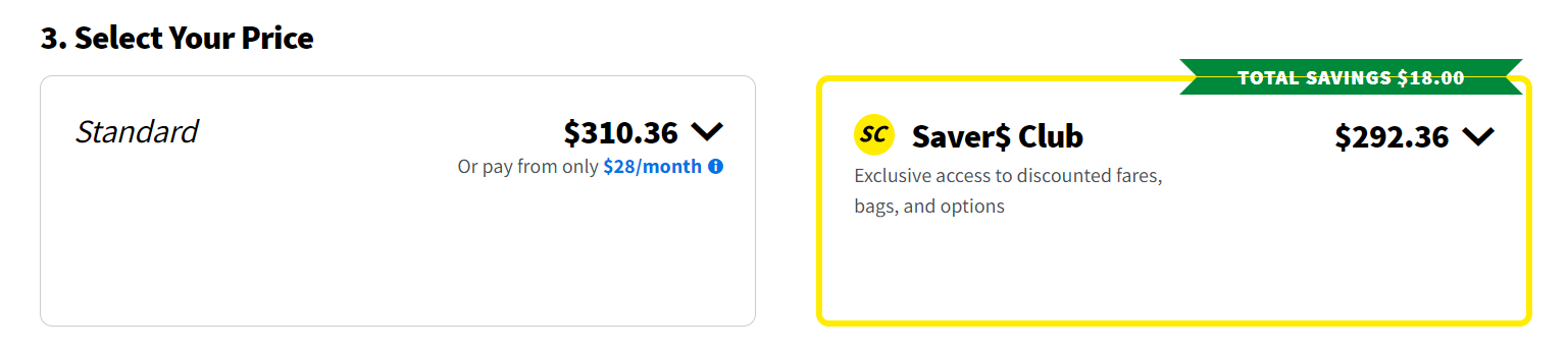 Total cost of Spirit Airlines for both standard cost and saver clubs. 