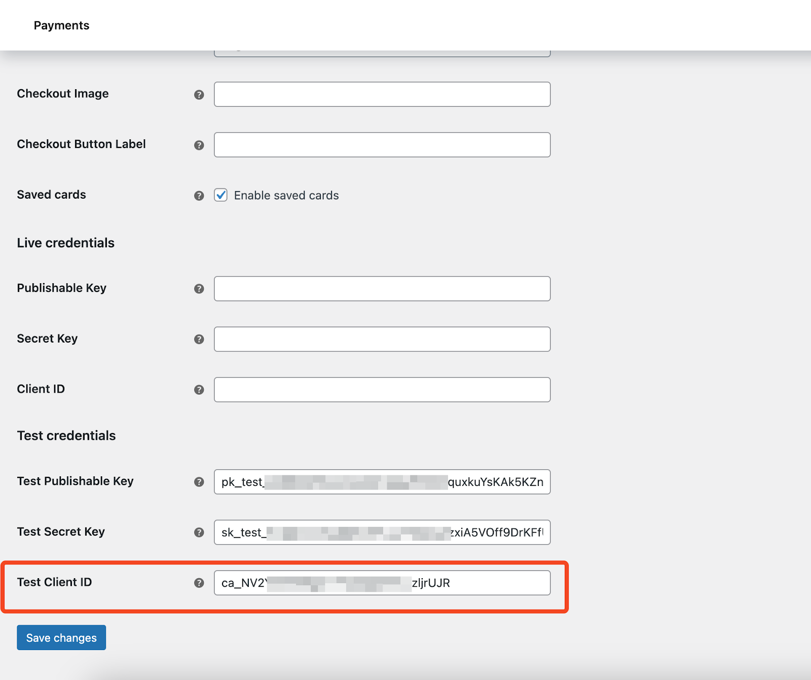 A screenshot of the Dokan Stripe Module test client ID