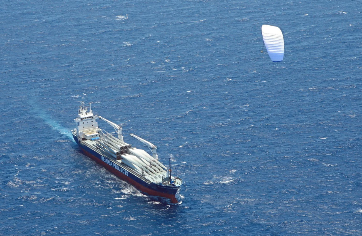 Picture of the MS Beluga Skysails, the world's first hybrid cargo ship that inspired the solarpunk term in 2008