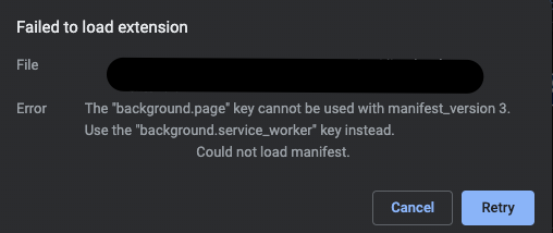 Alt: Chrome’s error popup after loading a misconfigured manifest.json v3 file