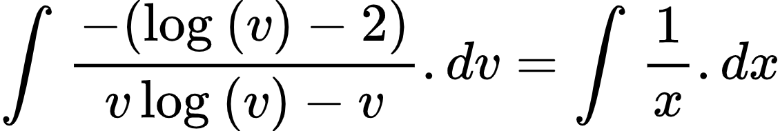 {"font":{"family":"Arial","size":10,"color":"#000000"},"id":"4-0-1-0-0-0-0-1-2-0-1-0-1-1-1-0","code":"\\begin{align*}\n{\\int_{}^{}\\frac{-\\left(\\log_{}\\left(v\\right)-2\\right)}{v\\log_{}\\left(v\\right)-v}.dv}&={\\int_{}^{}\\frac{1}{x}.dx}\t\n\\end{align*}","type":"align*","ts":1604221210574,"cs":"YC2NVgjcIqc+8oue3Nx9Og==","size":{"width":225,"height":37}}