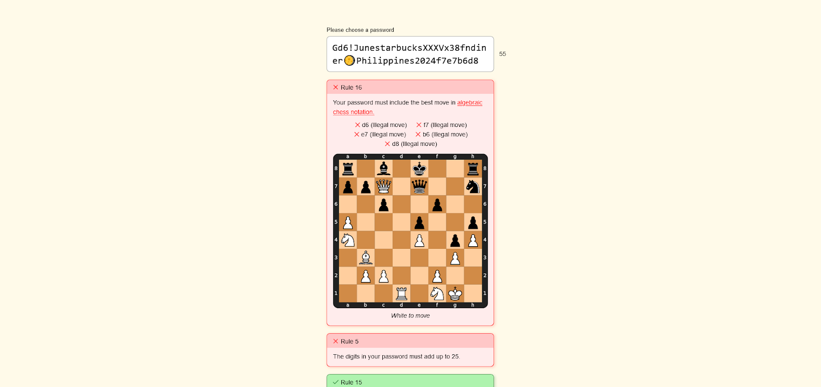 Best move in algebraic chess notation, Password Game rule 16 answers