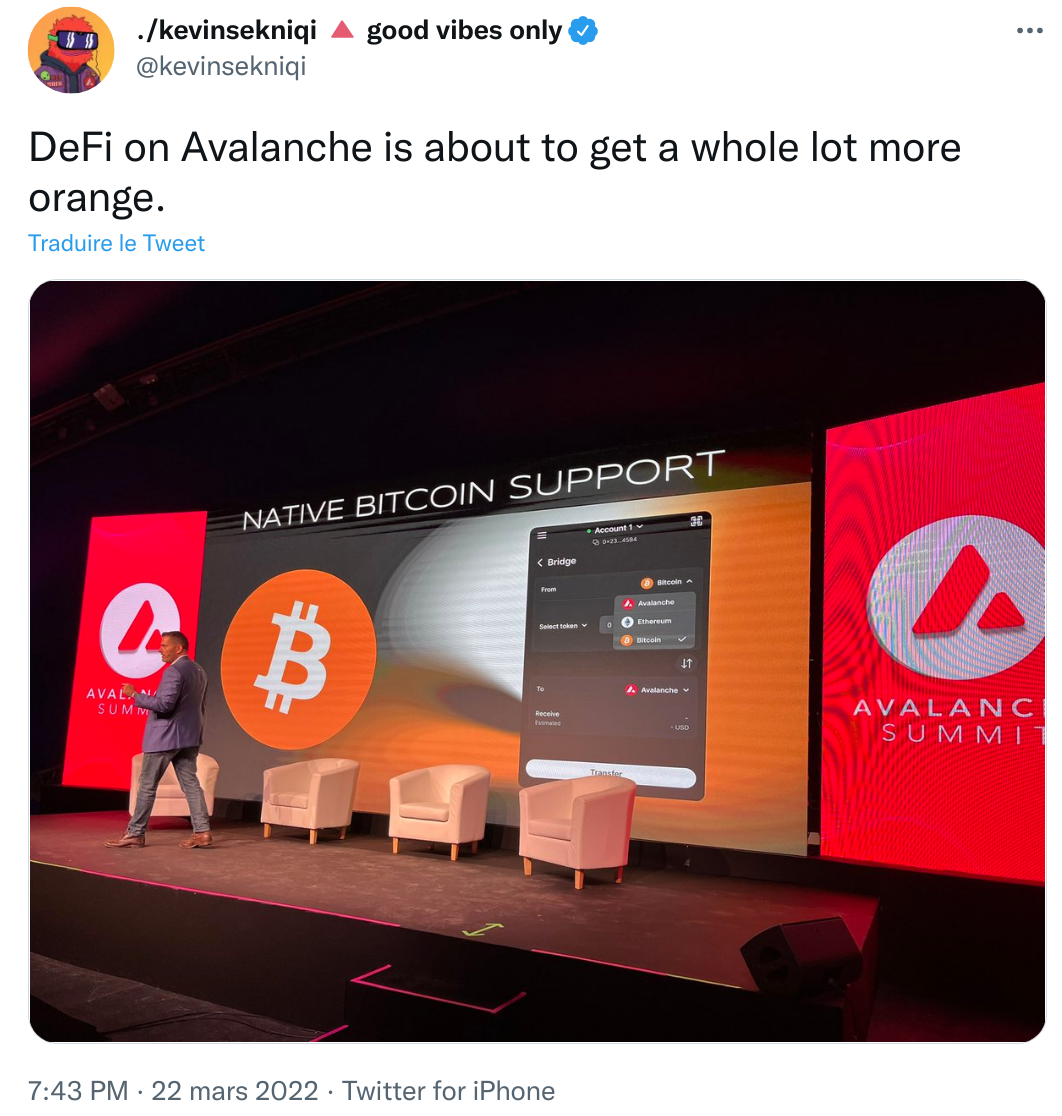 Tweet d'annonce de l'ouverture d'un pont vers Bitcoin.